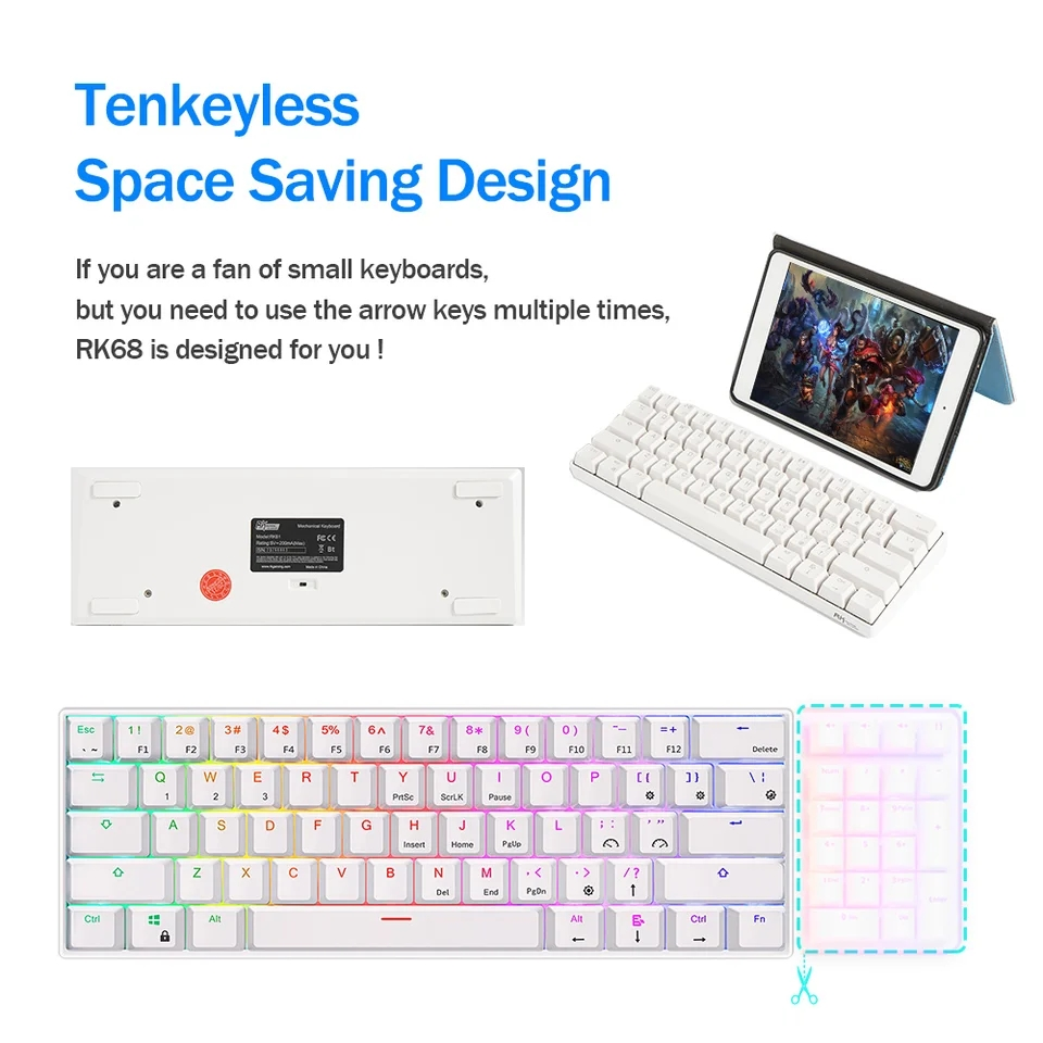 RK ROYAL KLUDGE RK61 60% RGB Mechancial Gaming Keyboard- RED Switch – WHITE