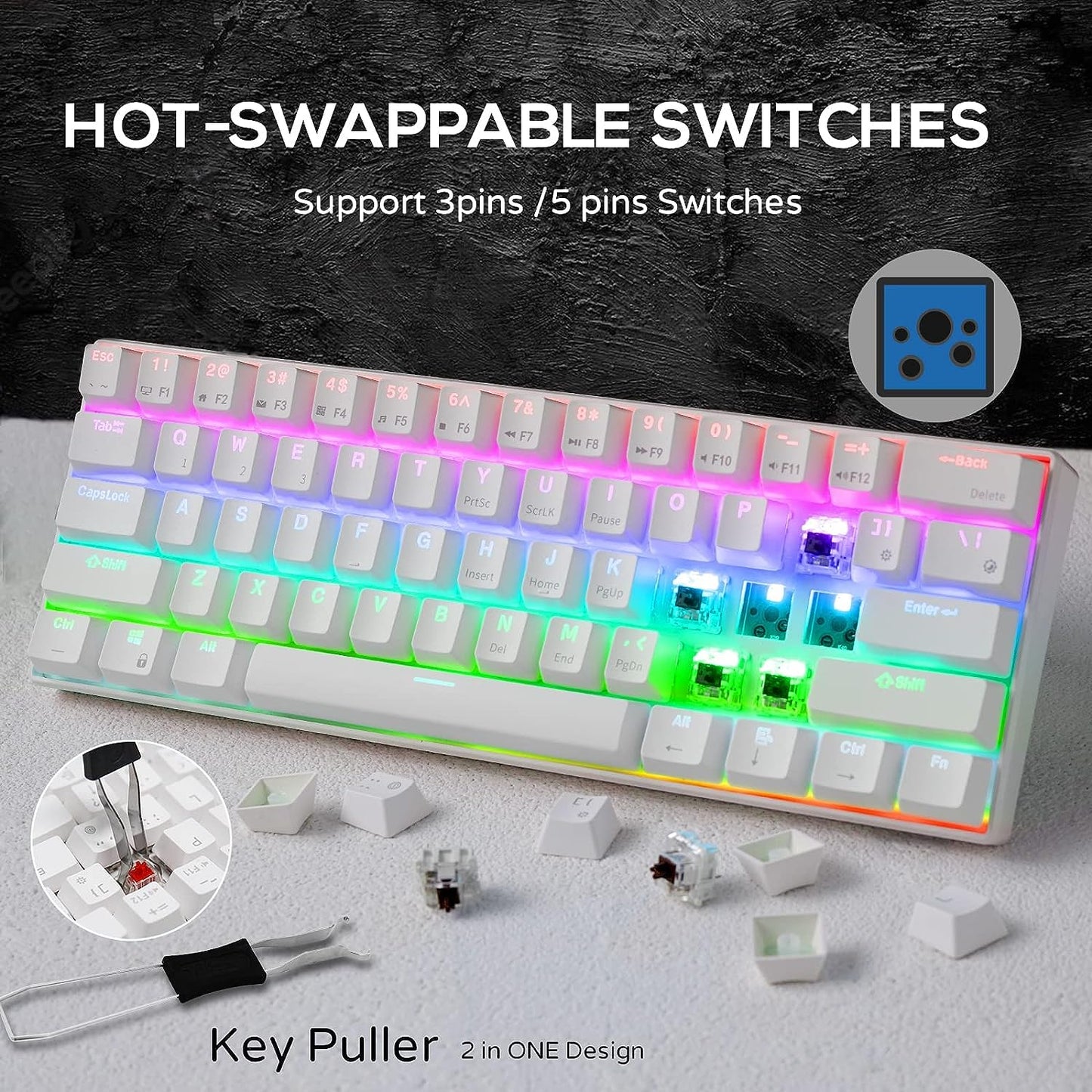 RK ROYAL KLUDGE RK61 60% RGB Mechancial Gaming Keyboard- RED Switch – WHITE